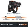 image:imageWorx Nitro 20V 16GA Finish Nailer Cordless 70 NailsMin Sinks Up to 212 Compact Cordless Nail Gun wToolFree Jam Release Brushless Nail Gun Battery Powered WX841L  Battery amp Charger Included16Ga Straight Finish Nailer Battery  Charger Included